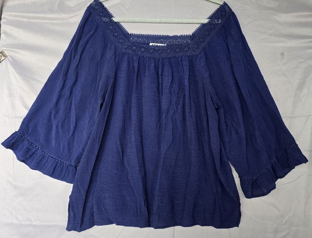Retrology Blouse Womens Large Blue Crochet Square Neck Bell Sleeve Boho Top